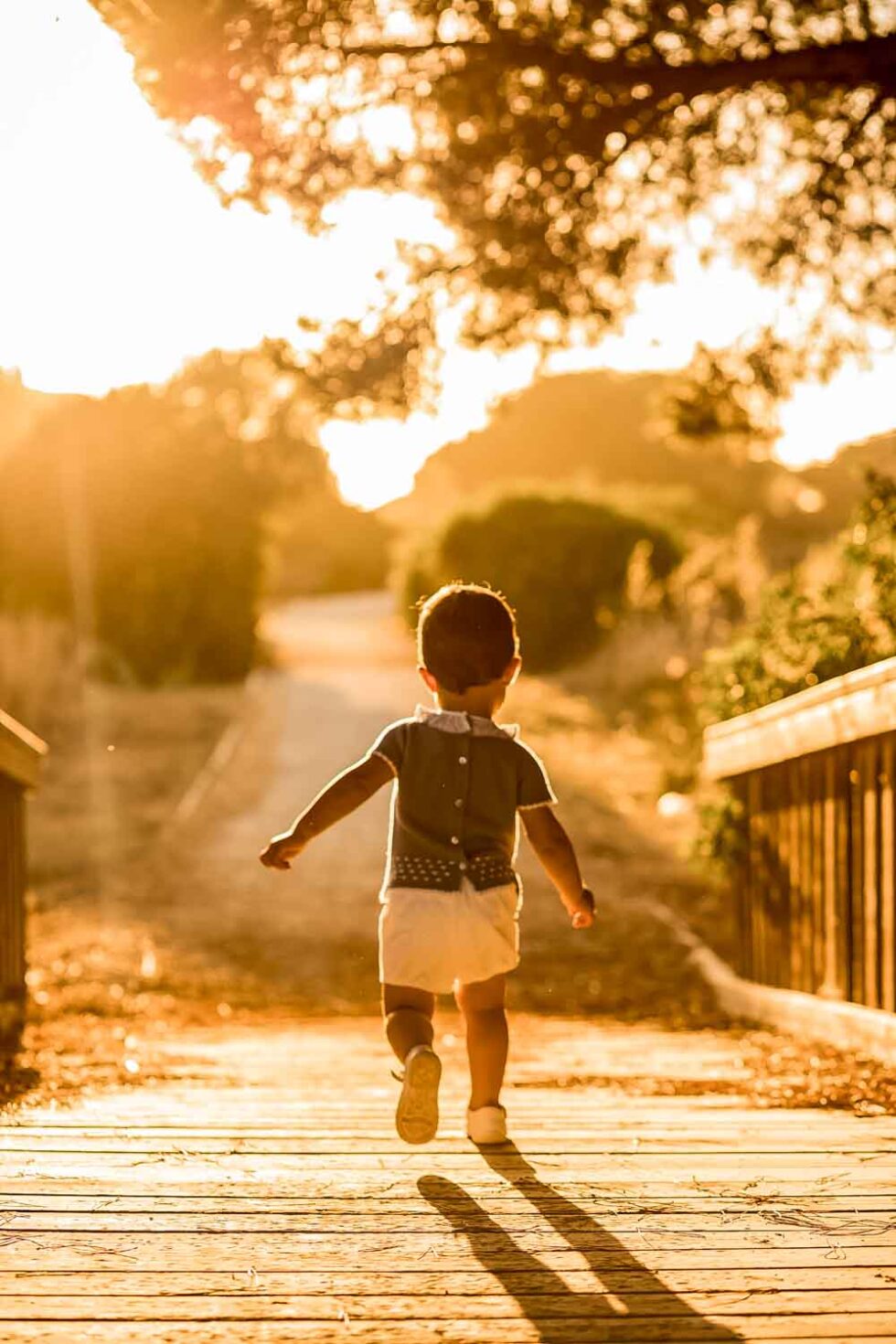 Bebé corriendo de espaldas por un puente de madera al atardecer con camino al fondo