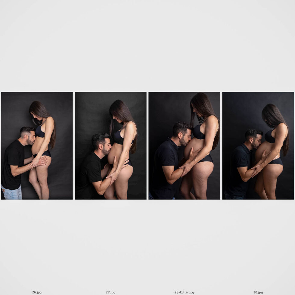 Collage de cuatro fotografías en la que aparecen de perfil una mujer embarazada de pie y su pareja besándole la tripa. En cada foto están en un mes de gestación diferente