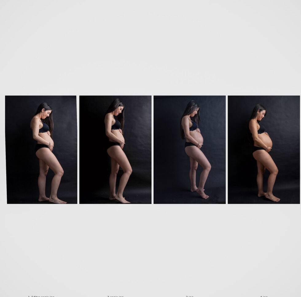 Collage de cuatro fotografías y en cada una de ellas hay una mujer embarazada de perfil en la misma pose pero en diferente mes de embarazo